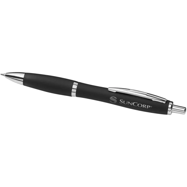 Curvy ballpoint pen with soft feel barrel