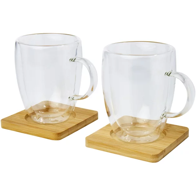 Manti 2-piece 350 ml double-wall glass cup with bamboo coaster 